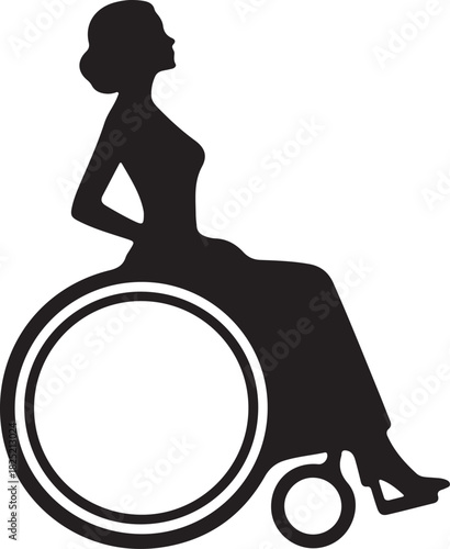  Elegant woman in a wheelchair, a powerful symbol of accessibility, inclusion, and strength, depicted in a stylish black and white silhouette graphic.