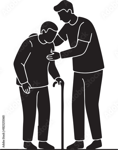Caring individual providing assistance and support to an elderly senior using a walking cane, representing help, aid, and the concept of old age.