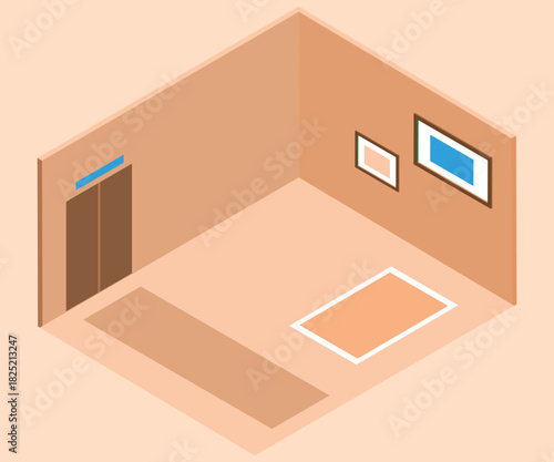  Isometric Room Interior with Elevator, Wall Art, and Floor Rug - Modern Hallway Design or Lobby Space