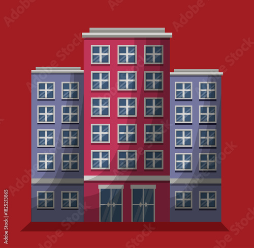 Cartoon multi-story building complex vibrant red and purple facades with numerous windows, a modern urban apartment or office block in flat design illustration style