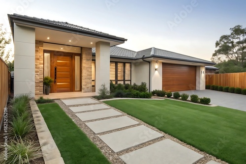 Modern Australian home with artificial grass lawn, timber edging. Contemporary house facade features stone pathway, wooden front door, garage. Front yard with green grass landscaping. Family