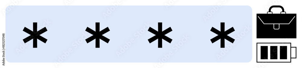 Obraz premium Asterisks in a password field with icons of security, work management, and system energy. Ideal for cybersecurity, digital privacy, login processes, encryption, password management, workplace