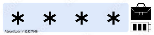Asterisks in a password field with icons of security, work management, and system energy. Ideal for cybersecurity, digital privacy, login processes, encryption, password management, workplace