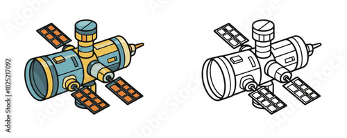 Detailed cartoon drawing of a space station or orbital satellite with solar panels in blue and yellow colors, representing space exploration and technological progress
