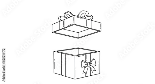 Open top gift box line art with floating lid on white background