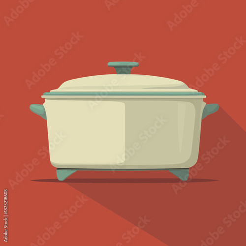 A ceramic slow cooker in a flat vector style on red backdrop