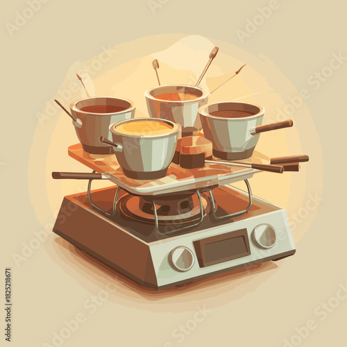 A fondue set with pots cooking on an electric burner