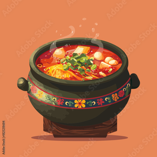 A Korean Pot of Delicious Steaming Soup Illustration