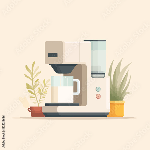 A modern coffee and soy milk maker illustration with plants