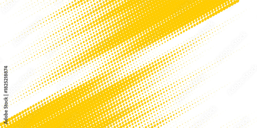Fototapeta premium Yellow halftone corner gradient texture. Fading cartoon polka dot background. Dotted tilted gradation pattern. Fading comic pop art overlay backdrop. Vector slant frame halfton patern effect wallpaper