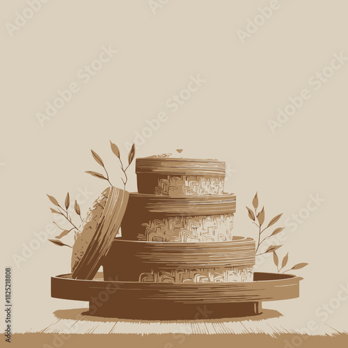 A bamboo steamer set with stacked dim sum dishes