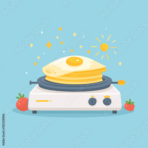 A stack of pancakes with an egg on a crepe maker