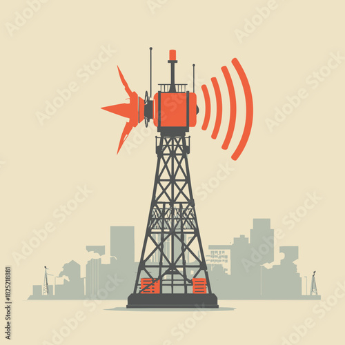 A broadcasting tower with signal waves against a cityscape