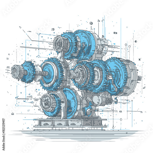 A Complex Gearbox with Multiple Gears in Technical Illustration