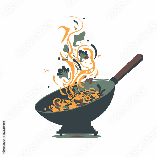 A flat illustration of wok cooking delicious stir-fried food