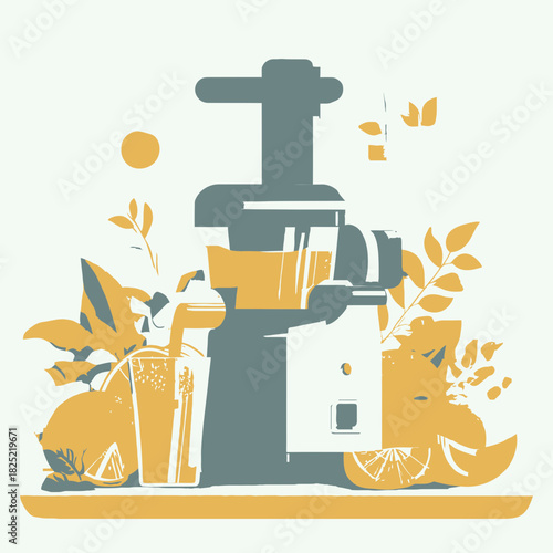 A Flat Vector Illustration Depicting a Juicer and Citrus Fruits