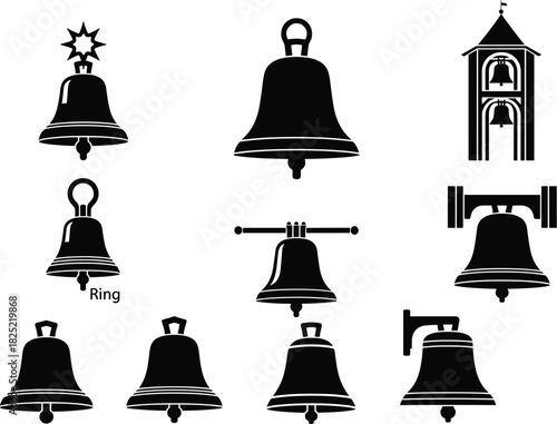 Bell icon set, black and white, ringing bell, church bell, handbell, sound symbol, alert icon, vintage bell illustration