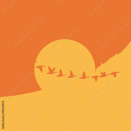 A flock of birds flying past the sun at sunset