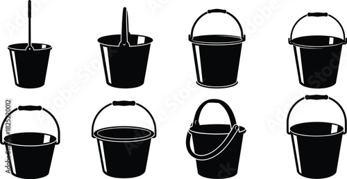 Black bucket silhouettes, vector icons, handle variations, household tools, cleaning equipment, minimalist design, utility containers, isolated on white background