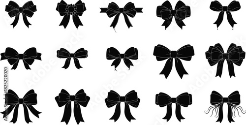 Black bow silhouette collection, ribbon clipart, vector bow design, decorative elements, crafting icons, fashion accessory, graphic illustration, elegant shapes