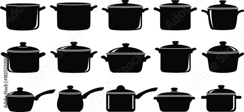 Black cookware silhouettes, kitchen pots, cooking pans, stockpots, Dutch ovens, kitchen tools, culinary utensils, cookware icons, vector shapes, food preparation
