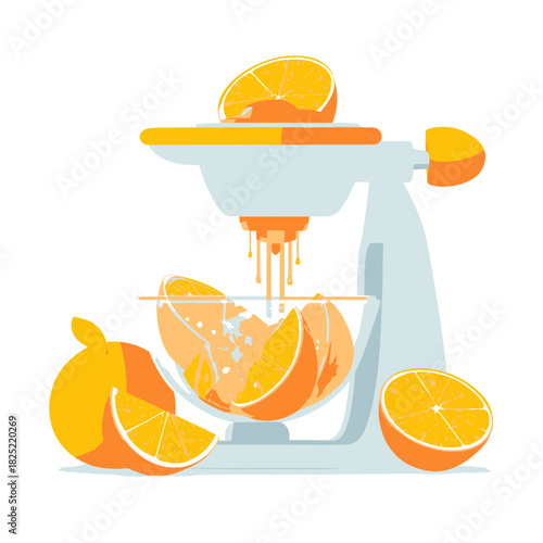 A juicer squeezing oranges making juice in a flat illustration