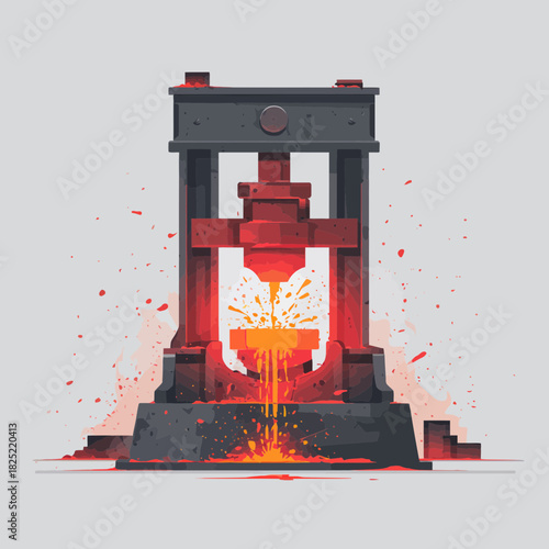 Illustration of a metal pressing machine working with molten steel
