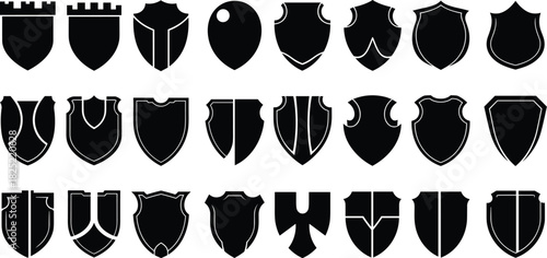 Black medieval shield silhouettes collection, vector heraldic emblems, armor icons set for branding, fantasy design, security logo elements, illustration