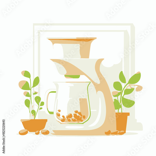 A soy milk maker with filter and plants on a white surface