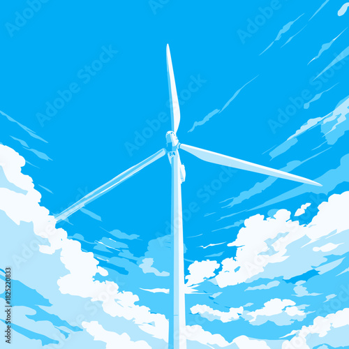 A tall wind turbine generating renewable energy in blue sky