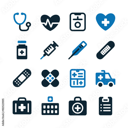 Collection of blue and dark blue medical icons on white background stethoscope heart