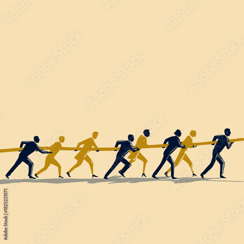 A team of people pulling a rope with coordinated effort