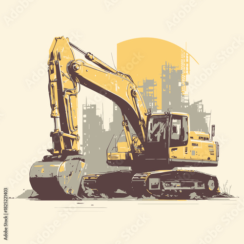 A yellow excavator vector illustration on a construction site