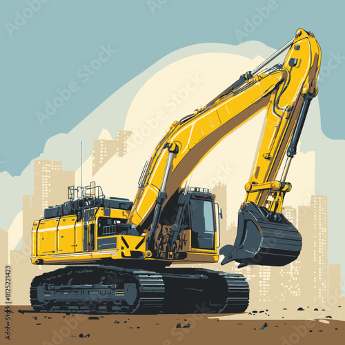 A yellow heavy duty excavator at a construction site