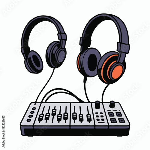 Two black headphones connected to a sound mixing console with orange accents audio music