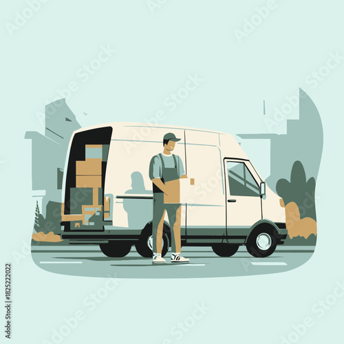 Delivery driver holding package next to a cargo van
