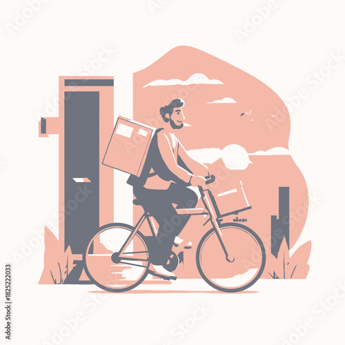 Deliveryman on bicycle transporting a package through the city