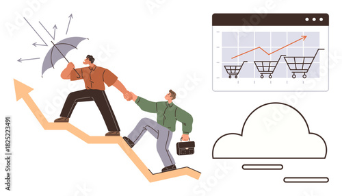 Two figures climbing upwards on an arrow, illustrating growth. One shields with an umbrella, the other carries a briefcase. Shopping cart graph and cloud reinforce themes of resilience, strategy