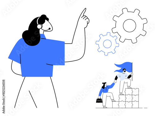 Person pointing upward, gears representing ideas, team climbing building blocks with a flag. Ideal for leadership, teamwork, collaboration, problem-solving, success strategy innovation. Simple flat
