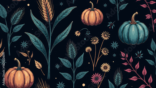Ethereal Midnight Harvest - Dark Botanical Seamless Pattern for Mysterious Autumn Nights