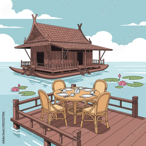 A tranquil waterfront dining scene featuring a traditional Thai stilt house