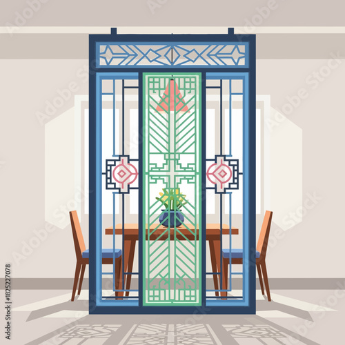 Artistic depiction of ornate screen doorway, dining room with a table and chair