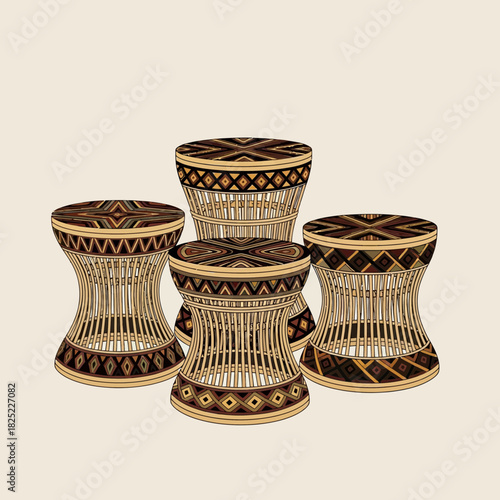 Artistic handcrafted decorative seats adorned with geometric patterns design