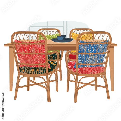 Artistic illustration of a dining room arrangement with rattan chairs