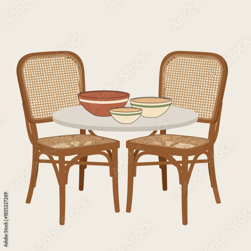 Cozy dining arrangement featuring rattan chairs and ceramic serving bowls