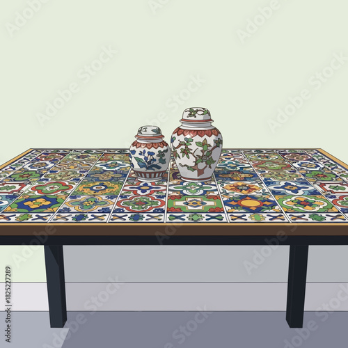 Decorative Tile Table with Floral Vases showcases artisanal craftsmanship
