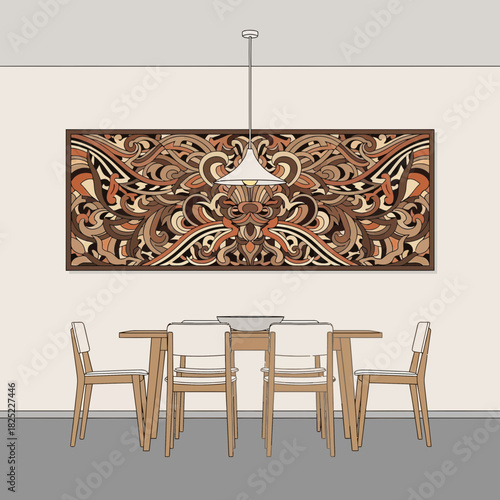 Elegant dining room interior with ornate artwork and modern furnishings