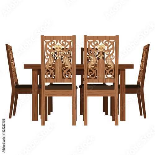 Elaborate wooden dining set with intricate carvings and vintage appeal