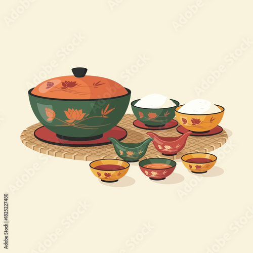 Elegant floral tableware set with covered bowl and accompanying service vessels