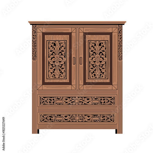 Exquisitely carved wooden closet with intricate floral motifs and design